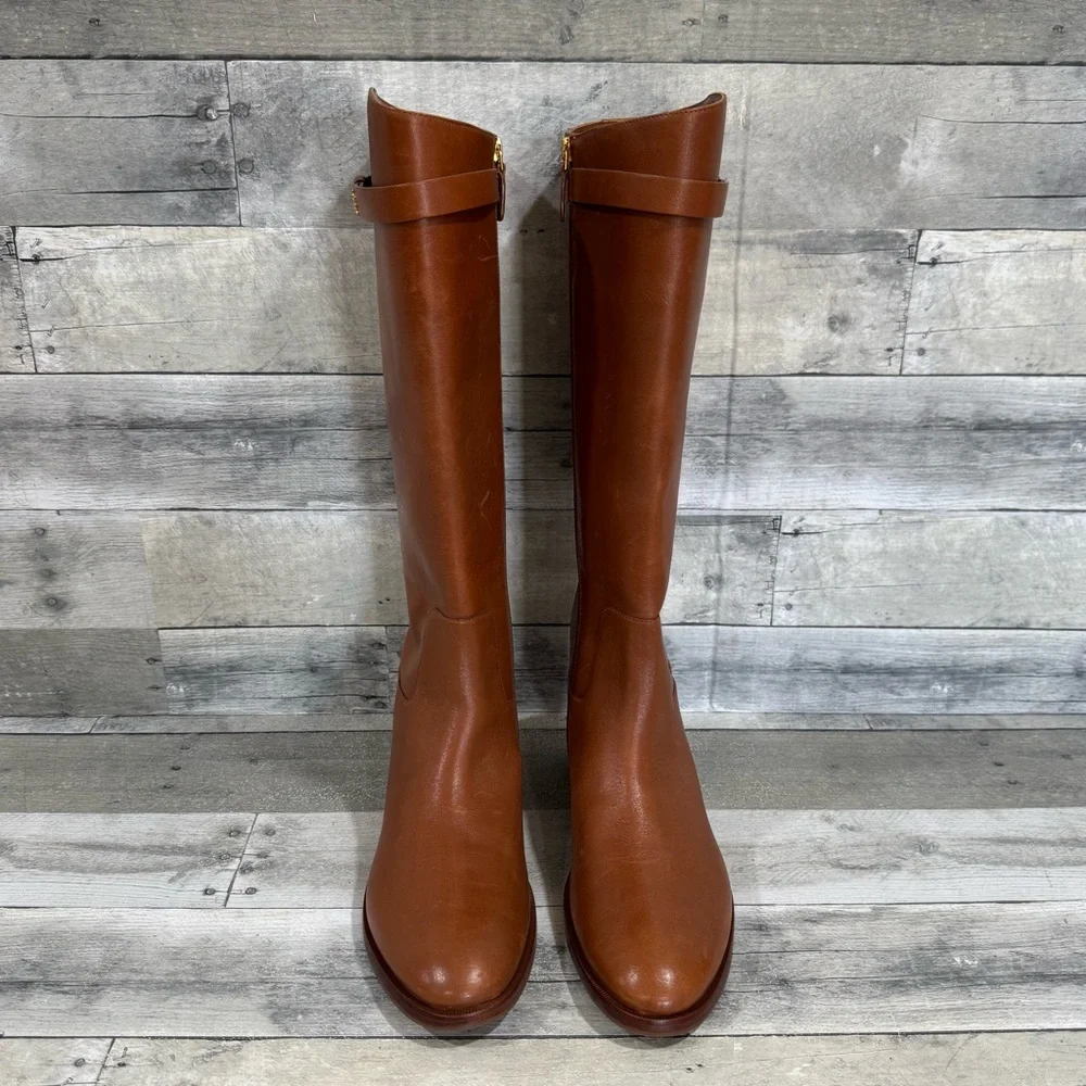 TORY BURCH EVERLY STRAP RIDING BOOTS - SIERRA TAN - SIZE - 11M